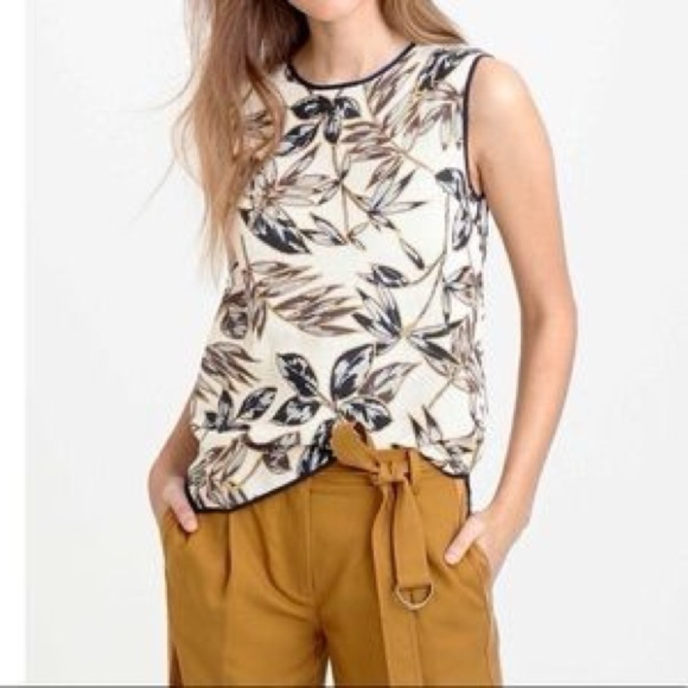 J.Crew Gold Foil Leaf Print Basket Weave Shell Top Sleeveless Cotton Size 8